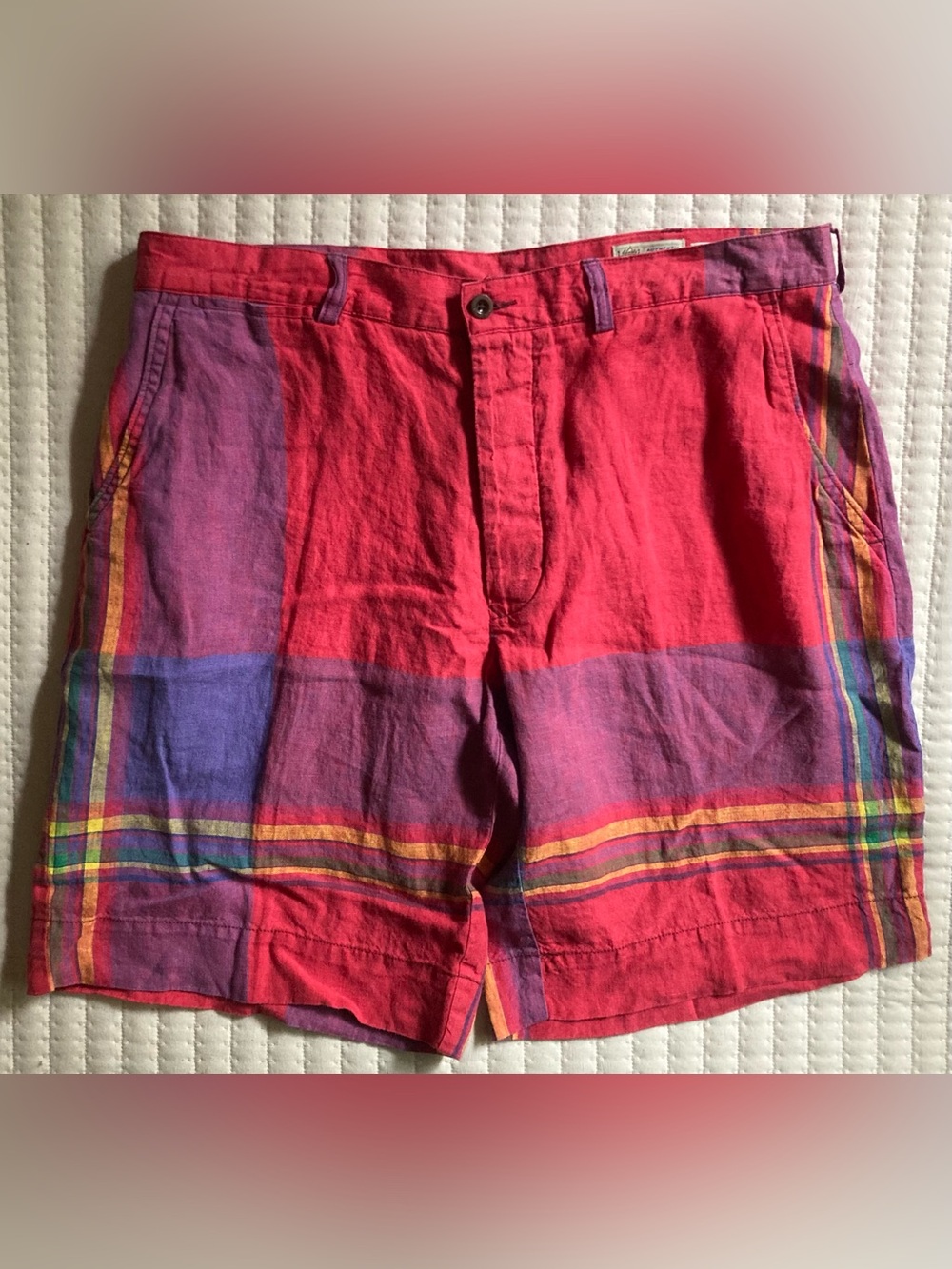 Polo Ralph Lauren Indian Madras Linen Shorts Men's Size 36 10” Red Blue Plaid